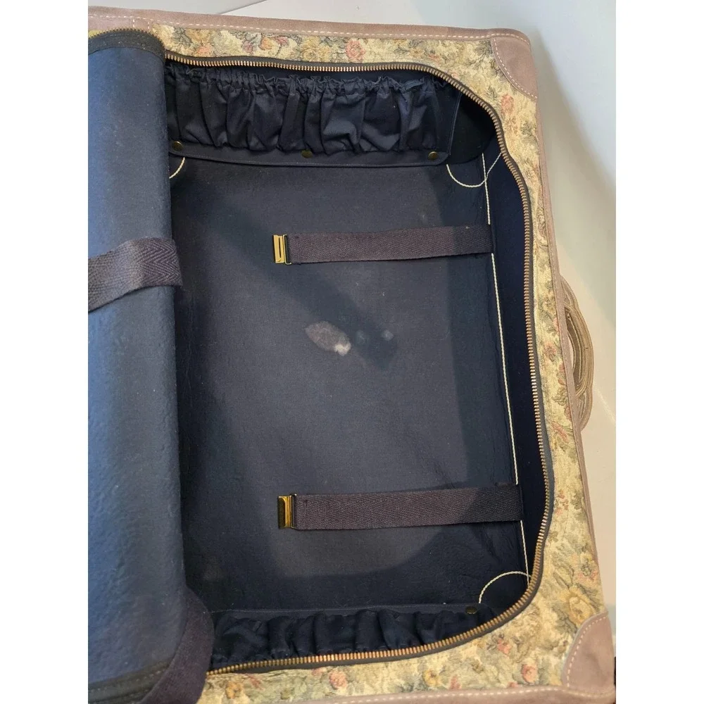 Vintage Suitcase French Luggage Co Gray Floral Rose Tapestry & Suede Leather 23